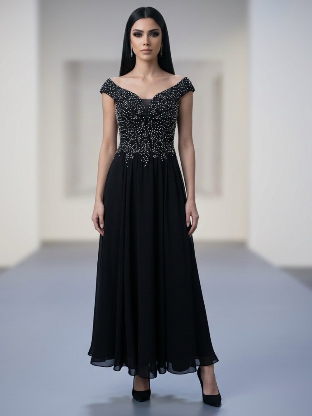 Blondie Nites Black Beaded Chiffon Formal Gown Size 0 Formal Evening Dress